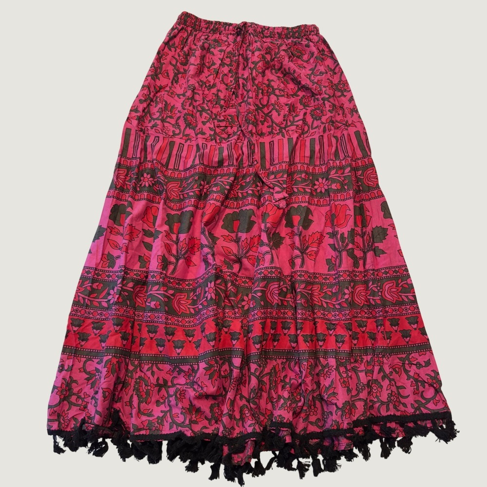 India Blue Skirt Pink Floral Tiered Maxi Tassel Trim OS Boho Hippie Festival S/M